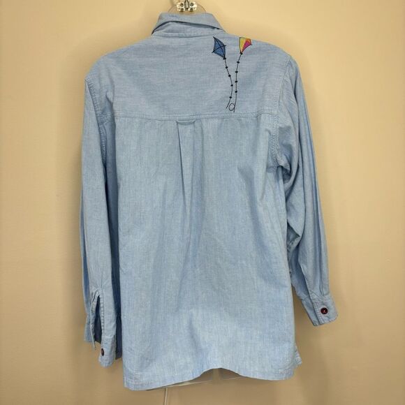 Vintage Kite Print Button Up Long Sleeve Top blue 100% cotton retro medium 90s - Picture 3 of 6